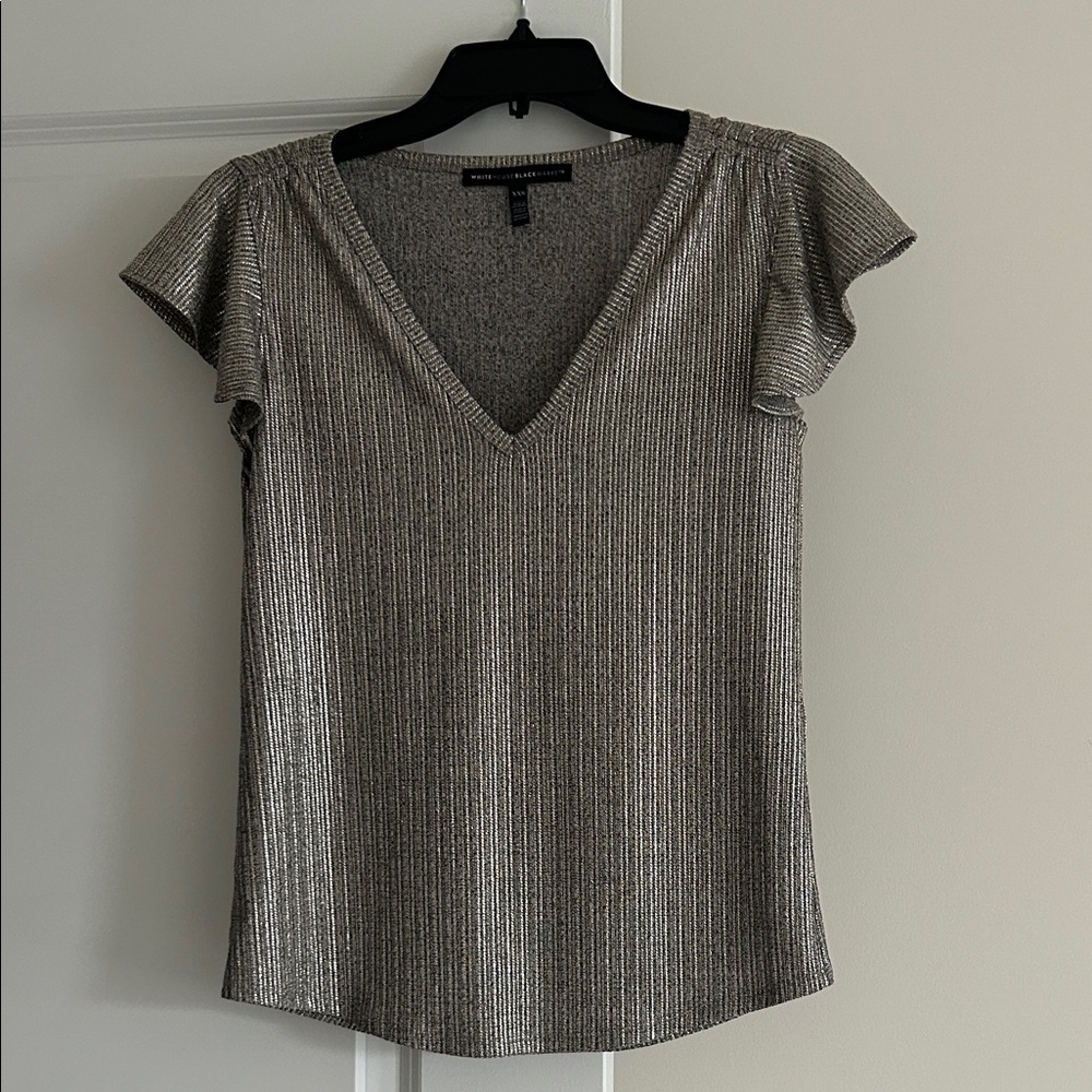WHBM Short Sleeve V-Neck Metallic Flutter Sleeve Top, Size XXS